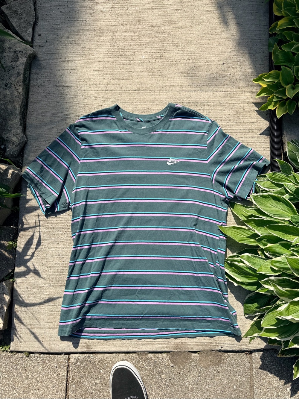 Nike Striped Short-Sleeve Crew Tee in Teal with Purple & Aqua Accents